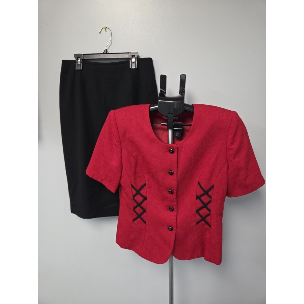 Kasper ASL Red Suit Set Short Sleeve Blazer & Skirt Women's Size 8 Petite Office
